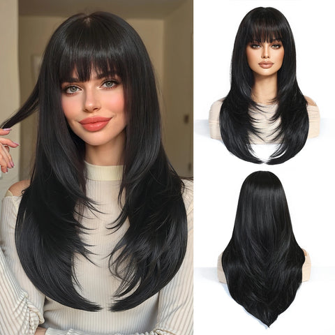 EASIHAIR Women Synthetic Wigs - Long Brown Ombre Blonde Layered Wigs with Curtain Bangs for Daily Use