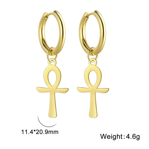Skyrim Egypt Ankh Cross Drop Earrings - Gold Color Stainless Steel Dangle Earrings for Women