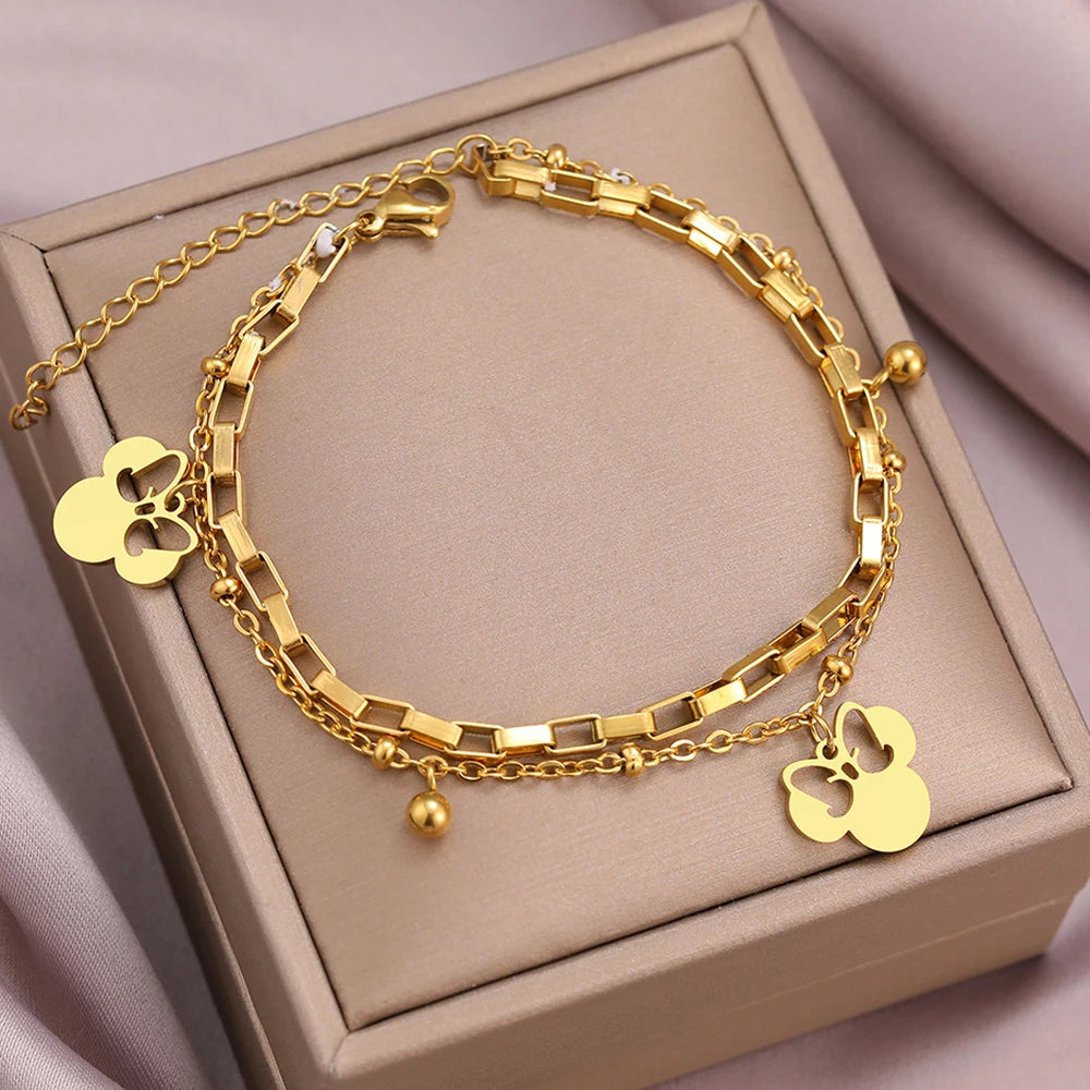 Cute Cartoon Anime Bow Mouse Pendant Stainless Steel Layered Bracelet for Women