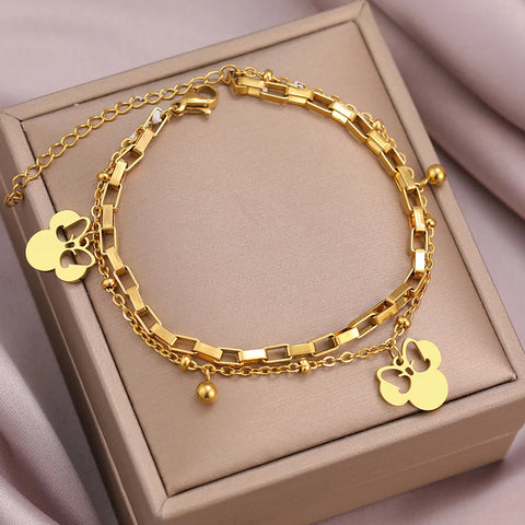 Cute Cartoon Anime Bow Mouse Pendant Stainless Steel Layered Bracelet for Women