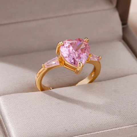 Pink Zircon Heart Rings for Women - Adjustable Gold Plated Stainless Steel Ring - 2025 Trend Wedding Aesthetic Jewelry Gift