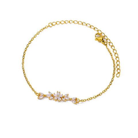 Elegant Zircon Flowers Bracelet for Women and Girls – Luxury Gold Color Stainless Steel Plant Charm Jewelry