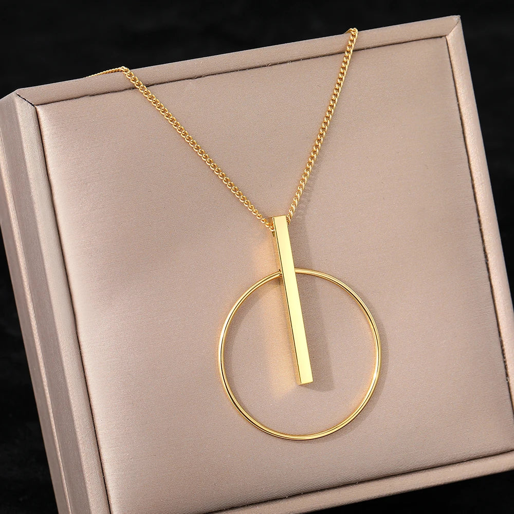 Minimalist Stainless Steel Circle Stick Pendant Necklace for Women