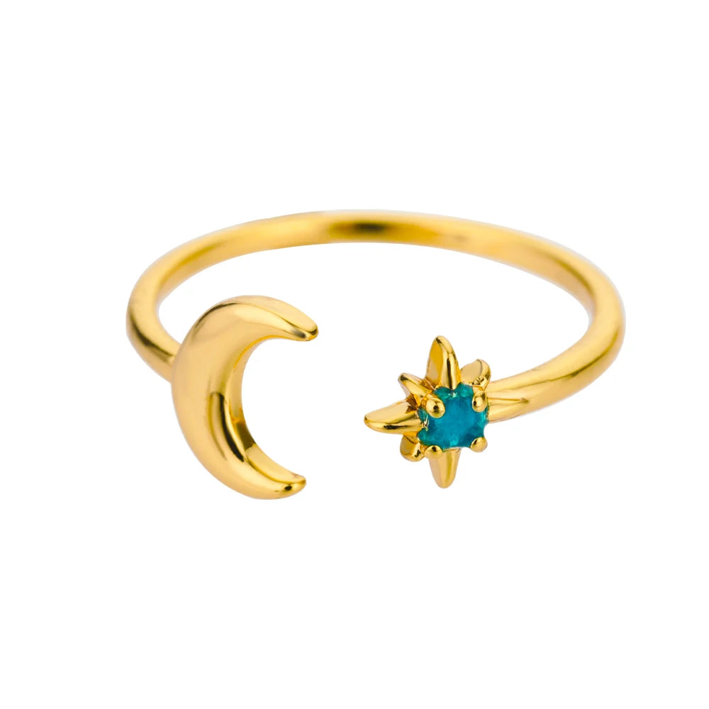 Zircon Moon Star Rings for Women - Stainless Steel Adjustable Aesthetic Jewelry