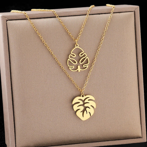 Stainless Steel Tropical Plant Big Leaves Pendant Necklace - Fashion Jewelry for Women, Ideal Gift for Friends