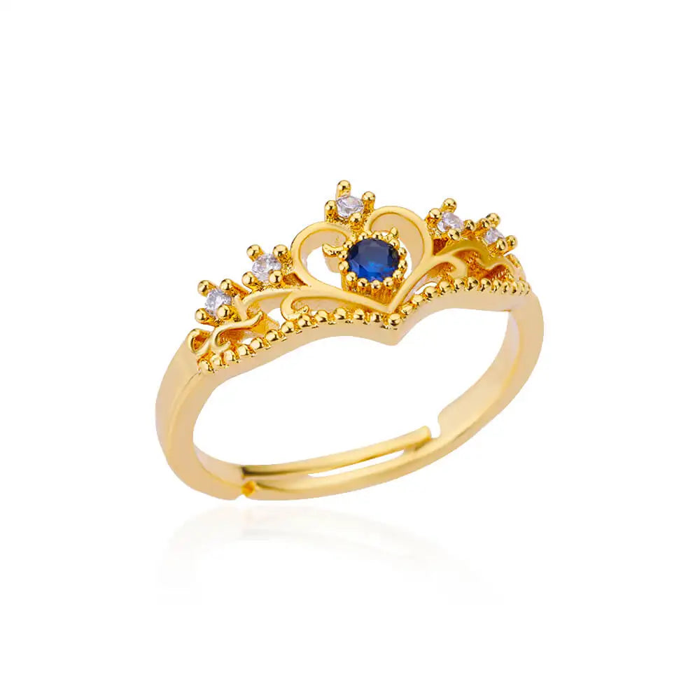 Blue Zircon Crown Rings for Women - Adjustable Gold Color Wedding Jewelry Gift