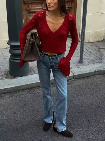 TARUXY Hol gebreide cardigan - Dames effen lange mouwen V-hals korte trui top