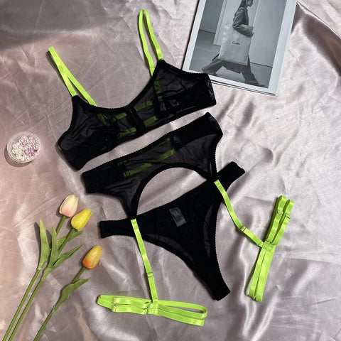 3-Piece Mesh Bra Set with Transparent Color Straps - 5 Colors Sexy Lingerie Set for Women