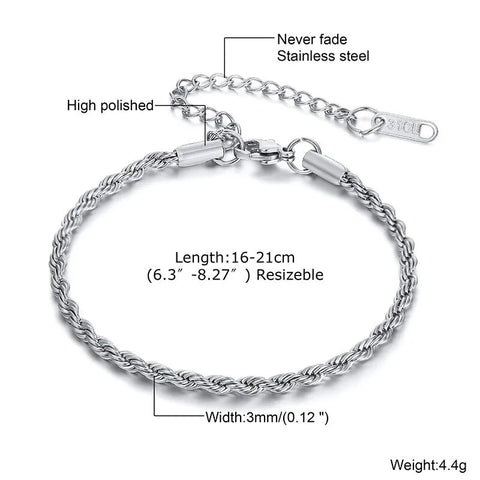 2-5MM Stainless Steel Rope Bracelets for Men Boys - Adjustable Gold Silver Links Wristband, Rock Punk Cool Jewelry Gift