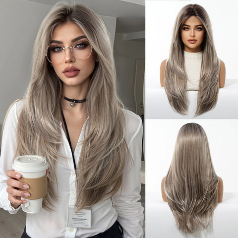 EASIHAIR Long Blonde Synthetic Wigs for Women - Straight Layered Natural Hair Wigs With Bangs