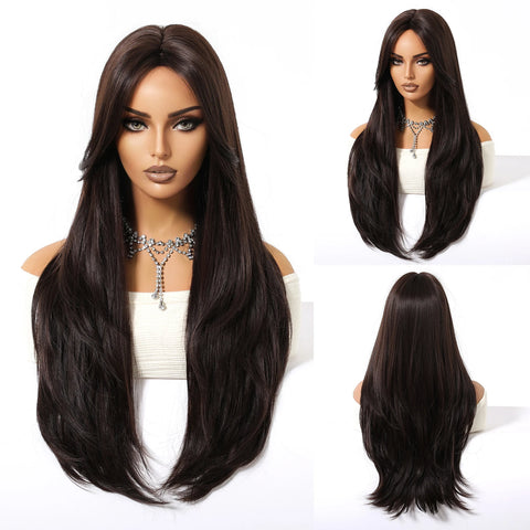 EASIHAIR Women Synthetic Wigs - Long Brown Ombre Blonde Layered Wigs with Curtain Bangs for Daily Use