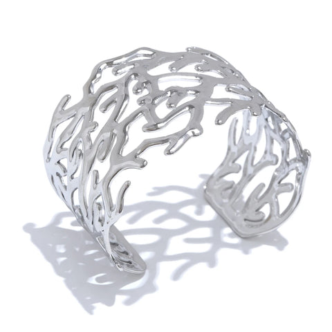 Yhpup Statement Stainless Steel Twig Geometric Hollow Wide Cuff Big Bracelet Bangle for Women - Waterproof Large Jewelry