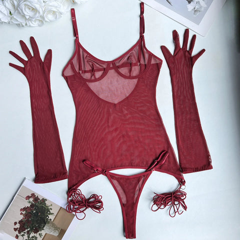 Sheer Mesh Lingerie Set for Women - 4-Piece Backless Dress & Briefs Nightwear