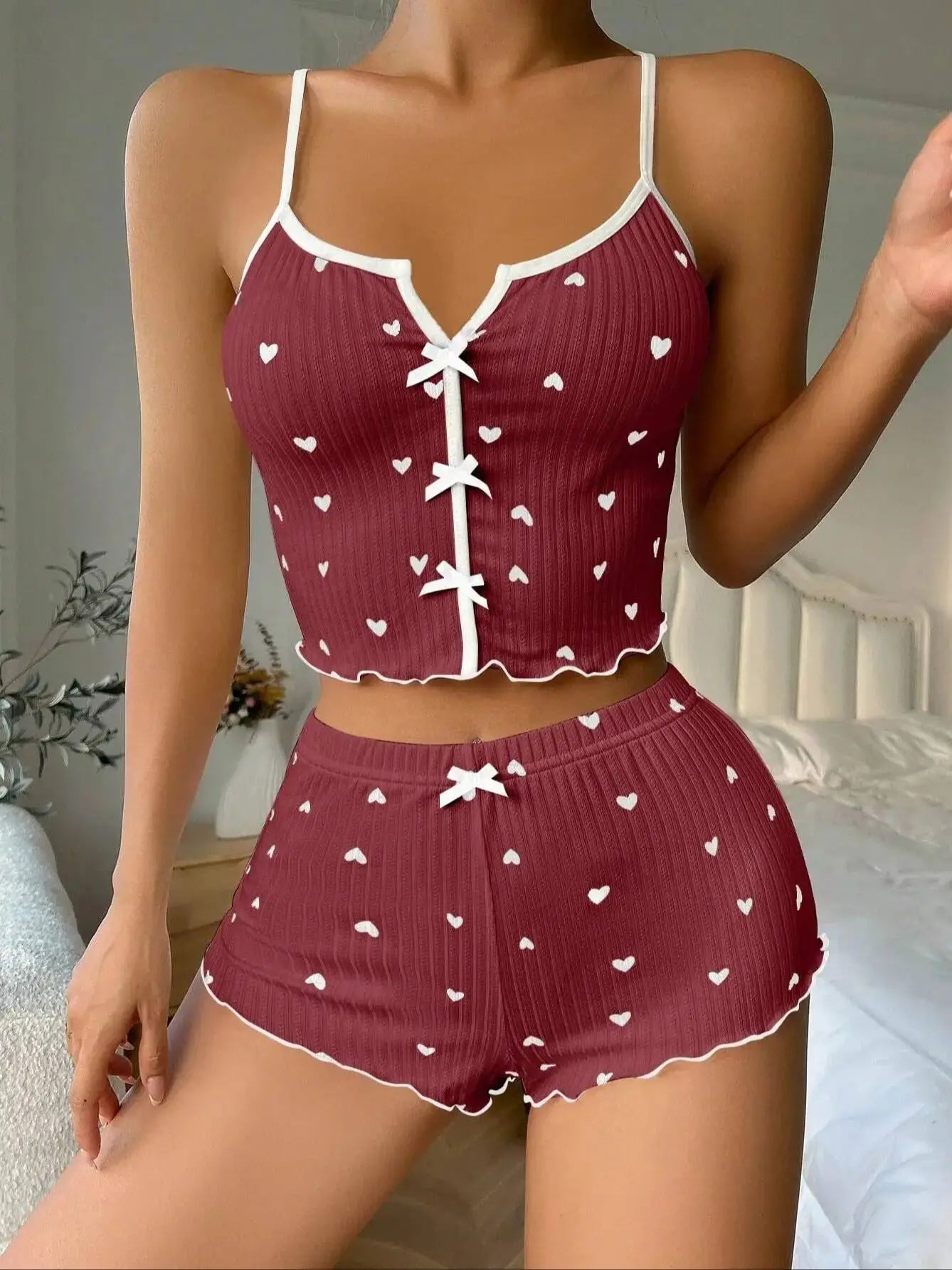 Sexy Heart Print Silk Pajamas for Women