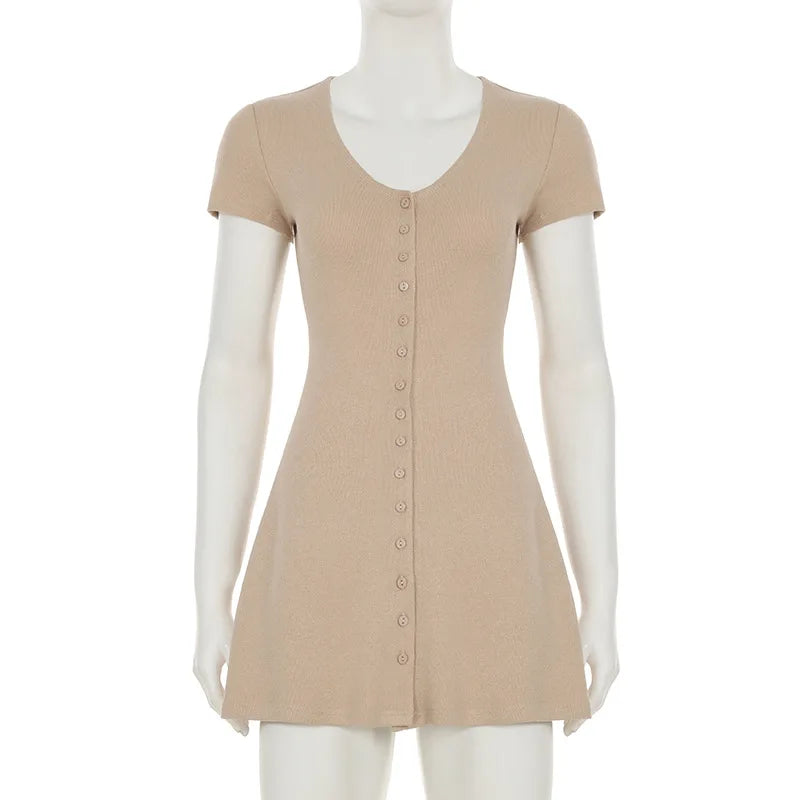 TARUXY 2025 Zomer gebreide mini-jurk voor dames - Elegante V-hals met knopen