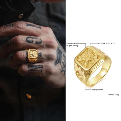 Gold Plated Bald Eagle Signet Ring for Men - Stainless Steel Bird Band Jewelry