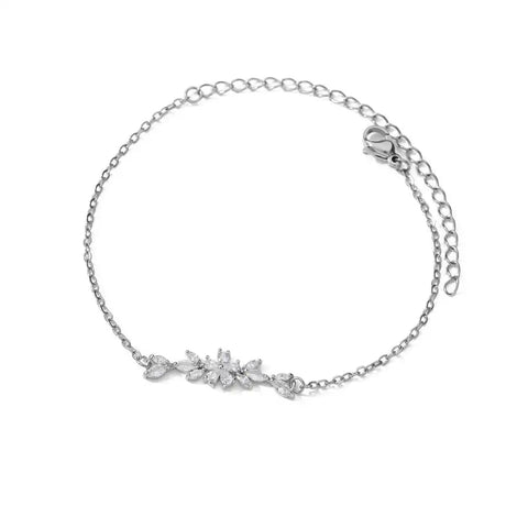 Elegant Zircon Flowers Bracelet for Women and Girls – Luxury Gold Color Stainless Steel Plant Charm Jewelry