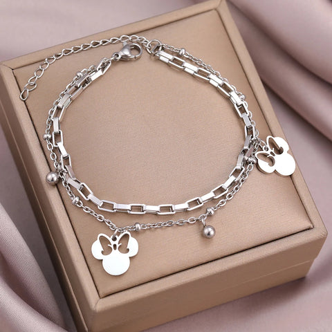 Cute Cartoon Anime Bow Mouse Pendant Stainless Steel Layered Bracelet for Women