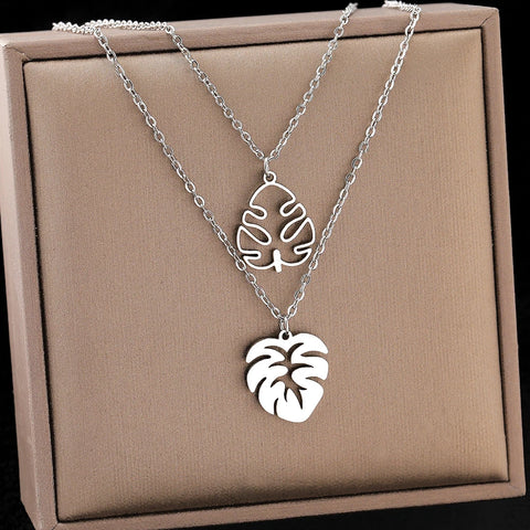 Stainless Steel Tropical Plant Big Leaves Pendant Necklace - Fashion Jewelry for Women, Ideal Gift for Friends