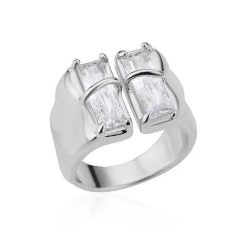 Irregular Square Zircon Rings for Women - Stainless Steel Geometric Opening Ring for Weddings and Parties | Trendy Fashion Jewelry Gift 2025