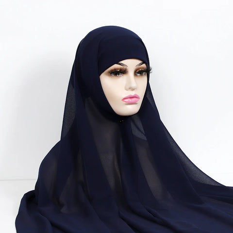 Women Muslim Chiffon Hijab with Cap Bonnet - Instant Scarf Headwrap
