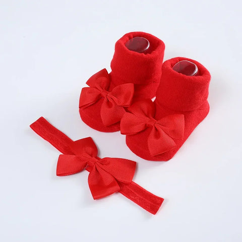 Knitted Cotton Baby Girl Socks with Headband