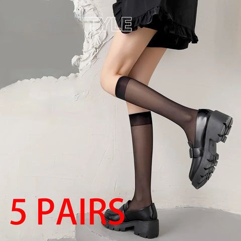 1/5 Pairs Summer Over The Knee Women's Socks – Stylish Calf Socks in White/Black for Cosplay and Everyday Wear