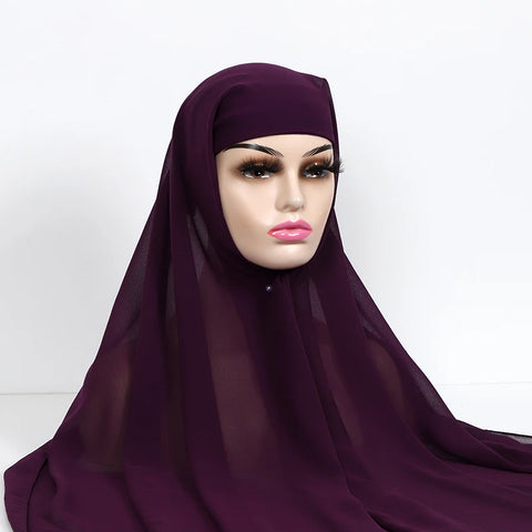 Women Muslim Chiffon Hijab with Cap Bonnet - Instant Scarf Headwrap