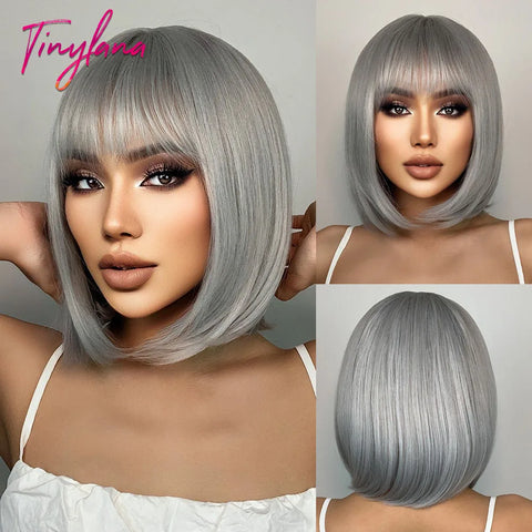 Medium Straight Synthetic Bob Wig Dark Black Brown Short Wigs With Bangs for Women Cosplay Daily Layered Hair Heat Resistant