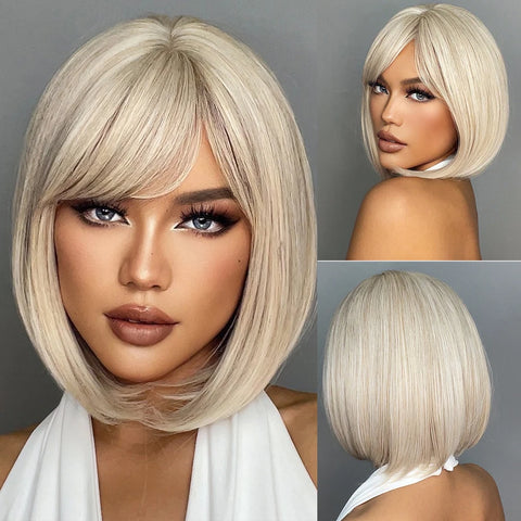 Medium Straight Synthetic Bob Wig Dark Black Brown Short Wigs With Bangs for Women Cosplay Daily Layered Hair Heat Resistant