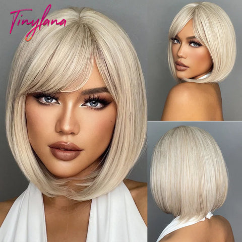Light Brown Blonde Synthetic Wigs with Bangs - Short Bob for Daily Use, Cosplay, and Halloween | Heat Resistant