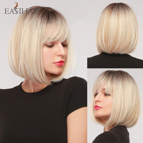 EASIHAIR Dark Brown Wavy Bob Wig with Bangs - Synthetic Heat Resistant Medium Length Wig for Women