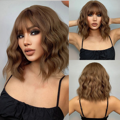 EASIHAIR Dark Brown Wavy Bob Wig with Bangs - Synthetic Heat Resistant Medium Length Wig for Women