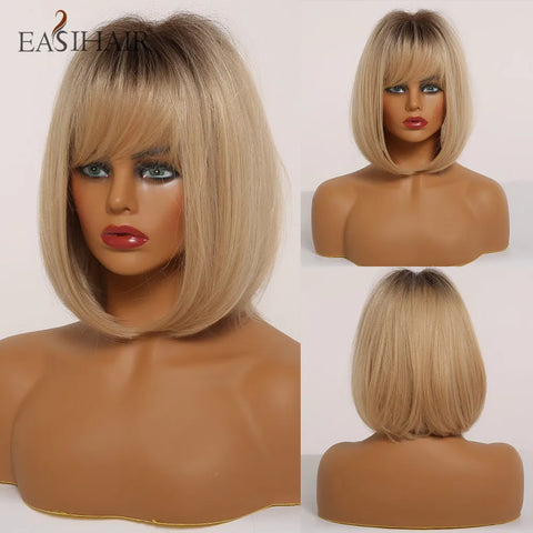 EASIHAIR Ombre Brown Blonde Wigs with Bangs - Layered Heat Resistant Synthetic Wig for Women