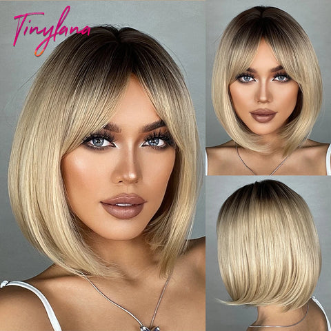 Medium Straight Synthetic Bob Wig Dark Black Brown Short Wigs With Bangs for Women Cosplay Daily Layered Hair Heat Resistant