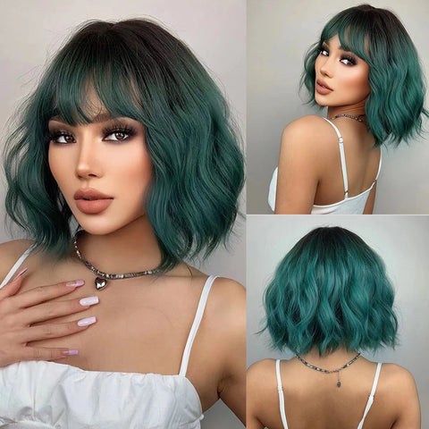 EASIHAIR Dark Brown Wavy Bob Wig with Bangs - Synthetic Heat Resistant Medium Length Wig for Women