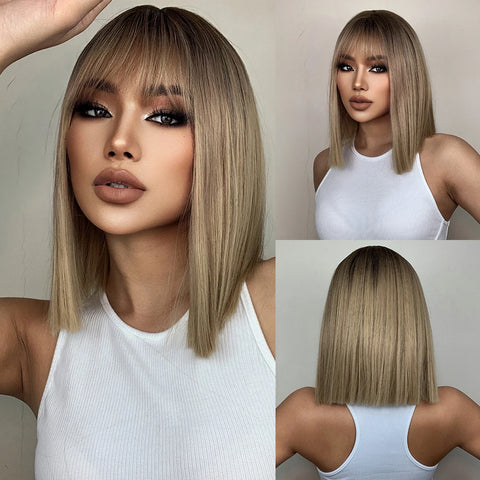 EASIHAIR Ombre Brown Blonde Wigs with Bangs - Layered Heat Resistant Synthetic Wig for Women
