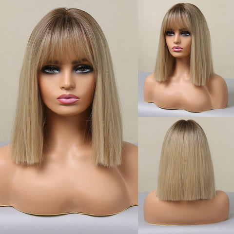 EASIHAIR Dark Brown Wavy Bob Wig with Bangs - Synthetic Heat Resistant Medium Length Wig for Women