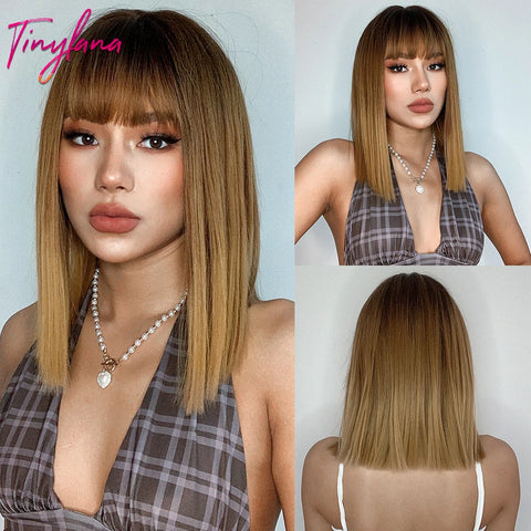 Medium Straight Synthetic Bob Wig Dark Black Brown Short Wigs With Bangs for Women Cosplay Daily Layered Hair Heat Resistant