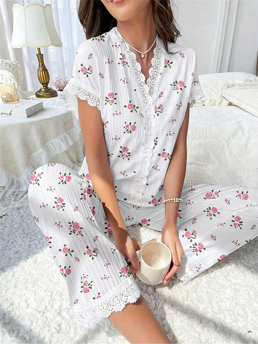 Cherry Print Lace Trim Pajama Set