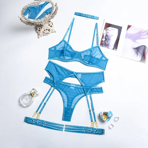 4-Piece Lace Bra Set Women Mesh Panty Underwear Set - 8 Colors Transparent Sexy Lingerie Set
