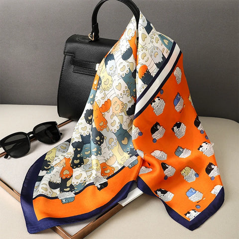 2024 Silk Cat Print Shawl Headscarf