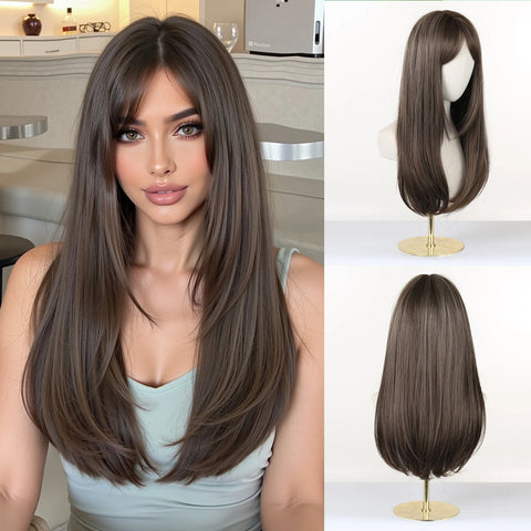 EASIHAIR Long Blonde Synthetic Wigs for Women - Straight Layered Natural Hair Wigs With Bangs