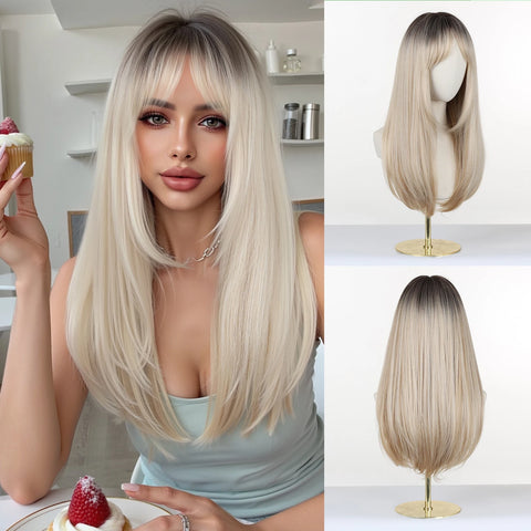 EASIHAIR Long Blonde Synthetic Wigs for Women - Straight Layered Natural Hair Wigs With Bangs