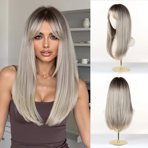 EASIHAIR Long Blonde Synthetic Wigs for Women - Straight Layered Natural Hair Wigs With Bangs