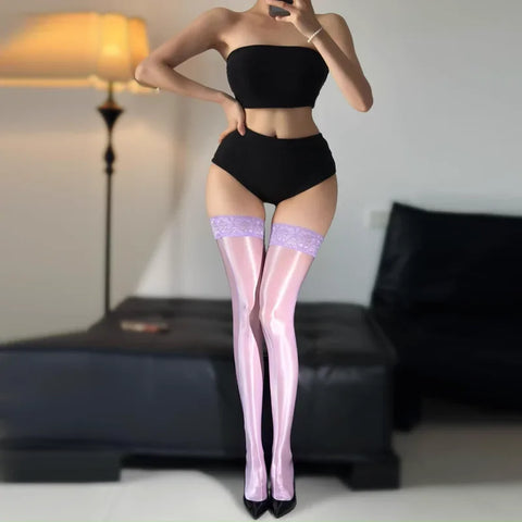 Women’s Shiny Thigh High Stockings with Lace Top and Anti-Slip Silicone