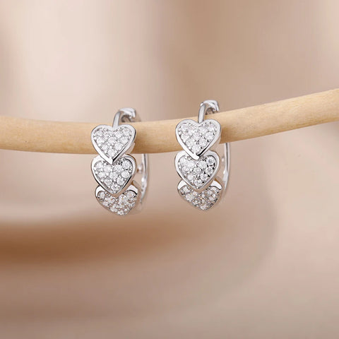 Hollow Zircon Heart Earrings for Women - Luxury Stainless Steel Geometric Jewelry Gift