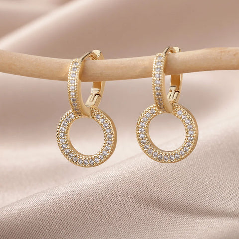 Fashion Zircon Circle Drop Earrings for Women - Gold Stainless Steel Dangle Jewelry Gift