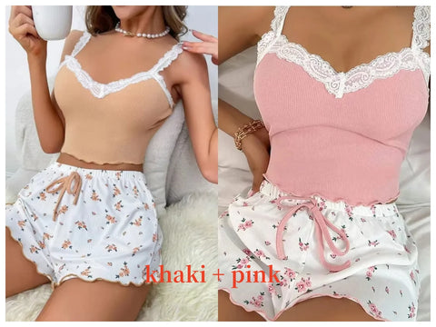 Dames 2-delige roze kanten pyjamaset