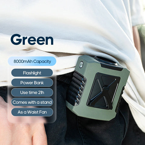 KINSCOTER Outdoor Wearable Waist Fan - 8000mAh Portable Cooling Fan with Power Bank